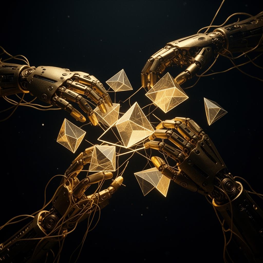 Golden mechanical hands assembling abstract forms