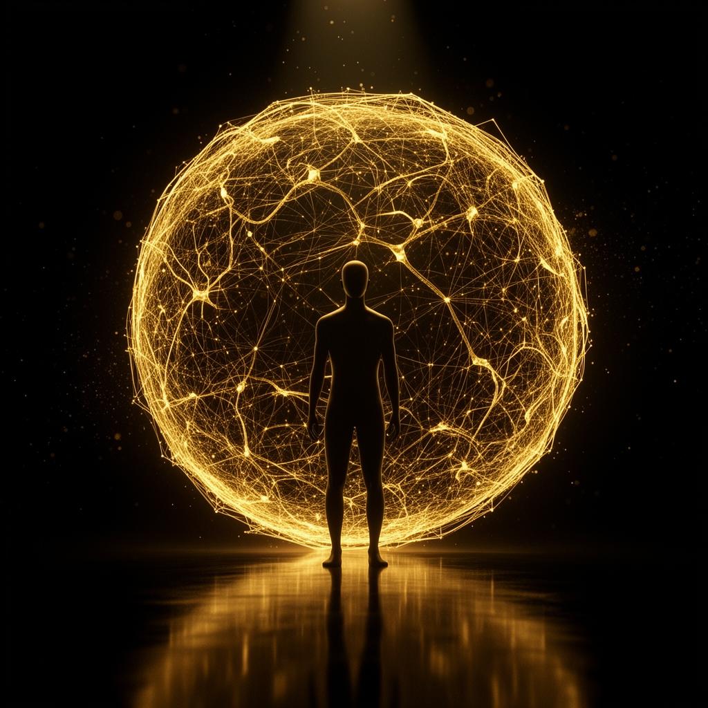 Silhouette immersed in golden neural sphere